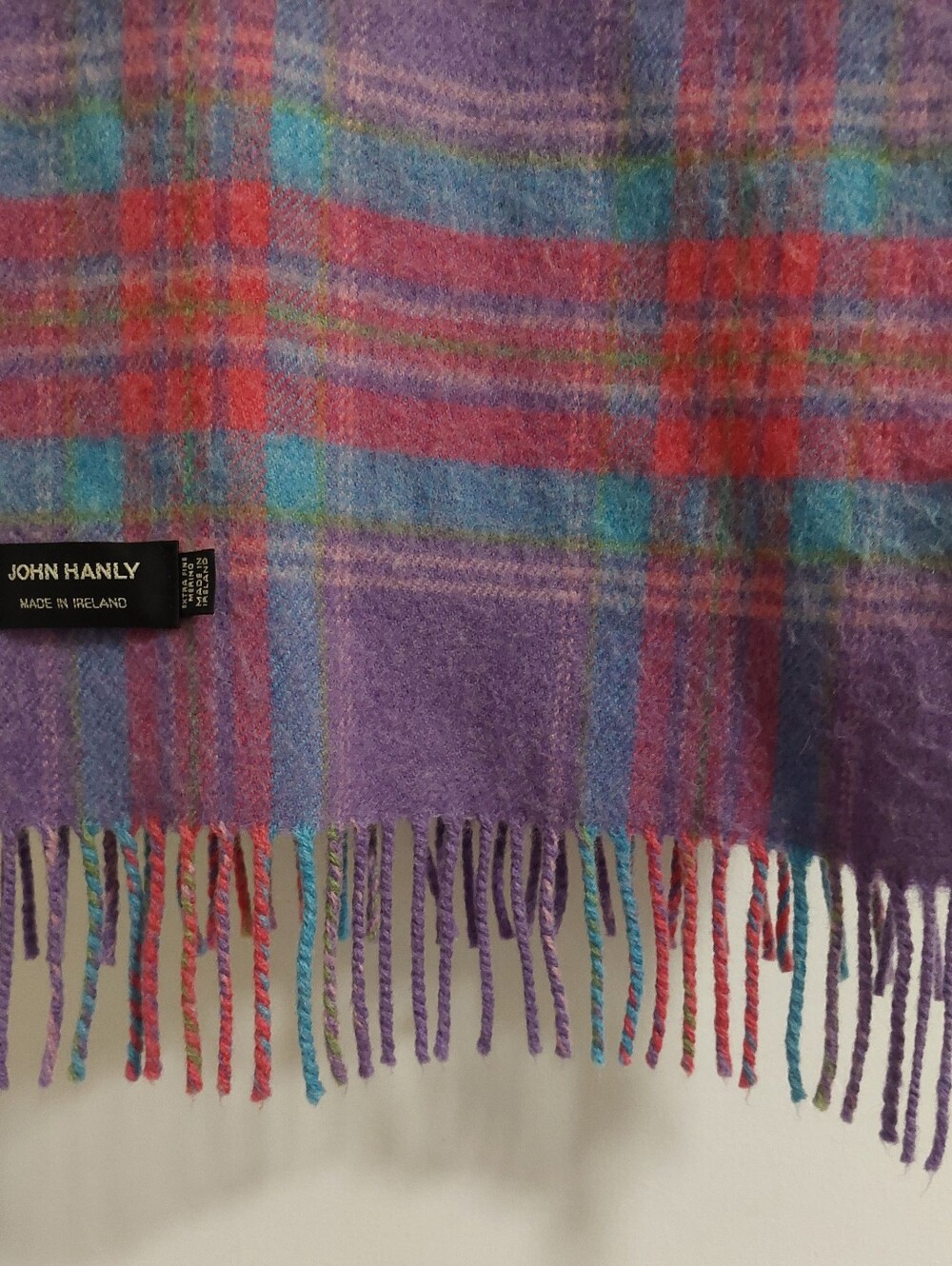 John Hanly Scarf pink & teal Plaid Fringe 100% Extra Fine Merino Wool 11.5"×62" - Picture 2 of 4